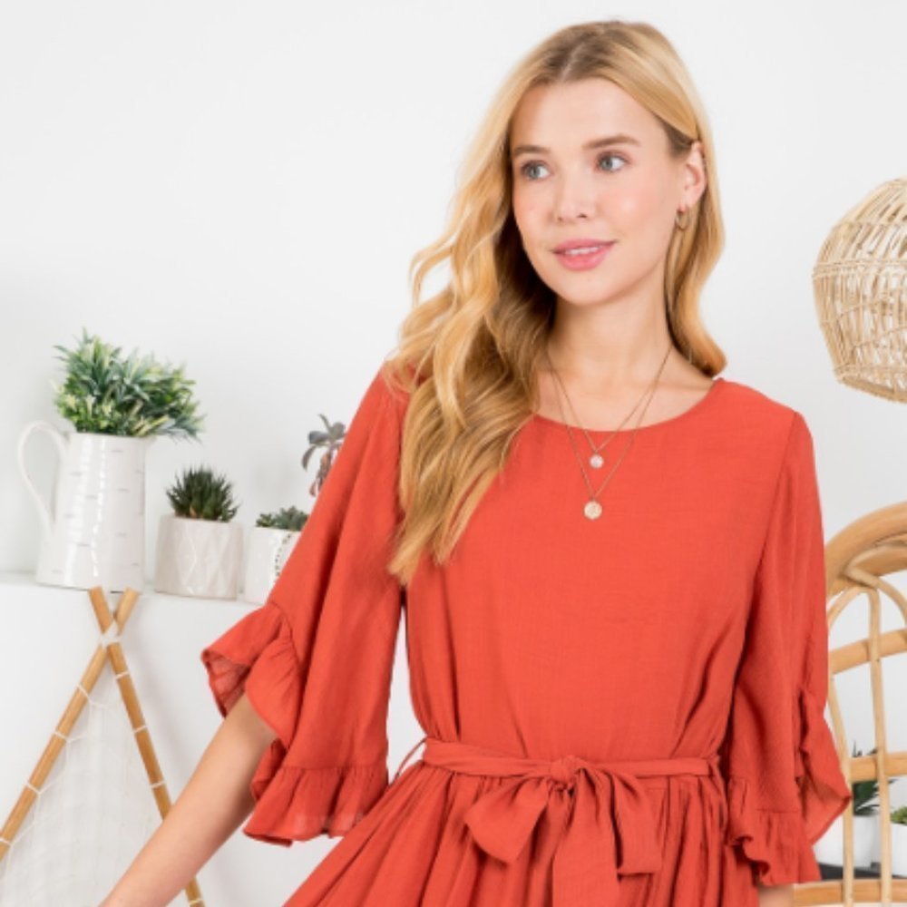 NEW Ruffled Angel Sleeves Dress- Terracotta